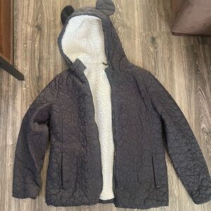 Disney Jacket Womens M Black Quilted Mickey Icon Ears Hoodie Coat Sherpa Lined